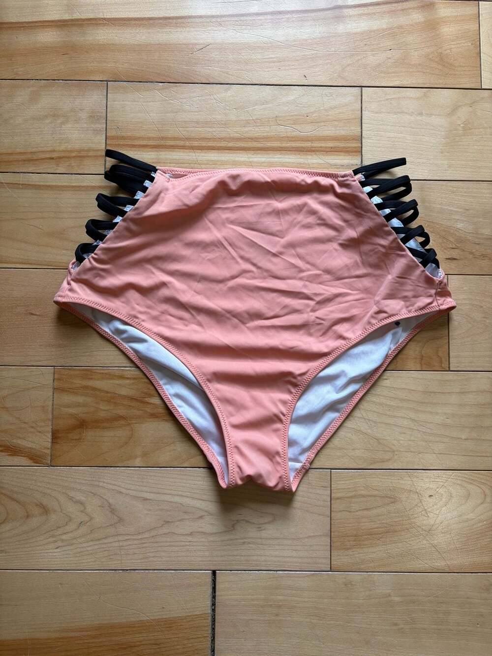 Victoria's Secret Pink High-Waisted Strappy Bikini Bottoms Peach Black